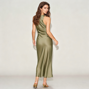 שמלת ערב סאטן ללא שרוולים, צווארון גבוה, מקסי משי מקומט, שמלת ערב אלגנטית, לבוש רשמי, שמלת שושבינה, ייצור בהתאמה אישית OEM ODM - Product Image 4