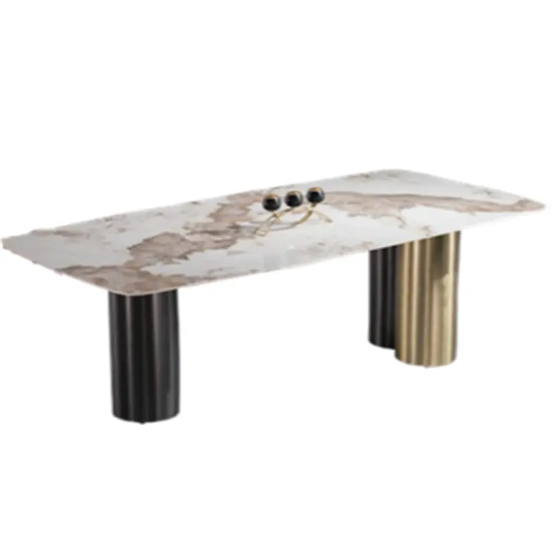 Noir/or deux tons trois piliers base en métal rectangulaire Pandora ardoise fritté marbre pierre minimaliste Table à manger