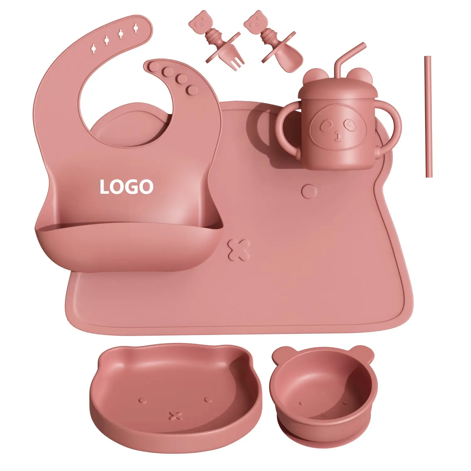 Conjunto de utensílios de mesa para mamadeira e bebês recém-nascidos, pratos de sucção, colher, babador e urso, conjunto de silicone para alimentação de bebês com copo com canudinho