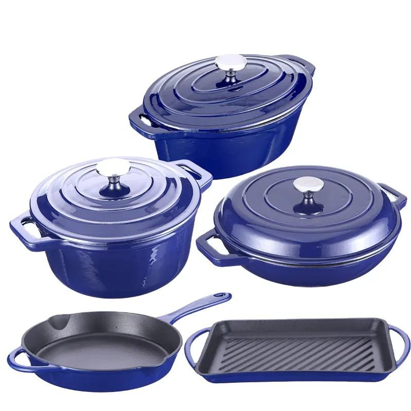 Peralatan Rumah Tangga Terang Kustom Biru 7 Buah Non-Stick Enamel Besi Cor Peralatan Dapur dan Peralatan Masak Belanda Oven Memasak Pot Set