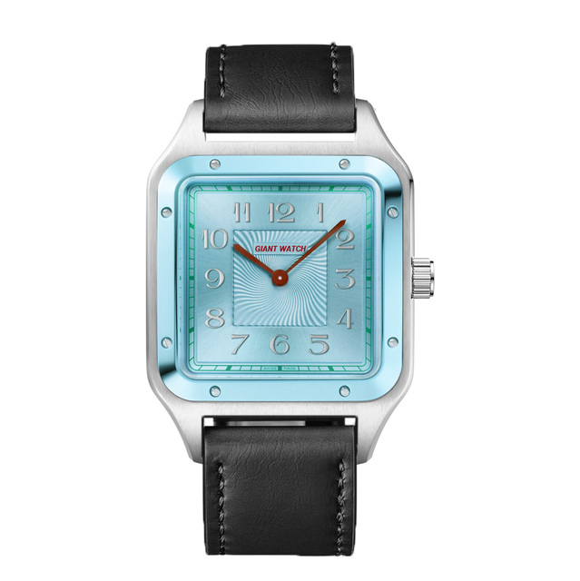 Unisex Square Stainless Steel Men's Watch with Sky Blue Dial and Leather Strap OEM Casual Diver Style Wristwatch
