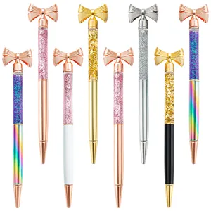2021 new novelty model Bow top ball pen color sequins in tube cute fancy pen floating glitter gift custom logo pens
