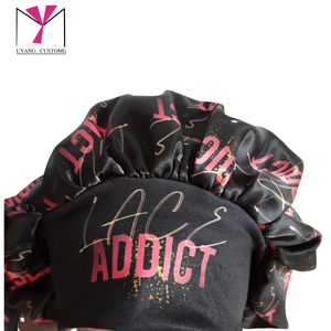 MUYANG New product CUSTOMIZE Full Logo Round Satin <b>Bonnet</b> With Elastic Tie Printed Pattern For Women 56-58CM Home Use - Product Image 3