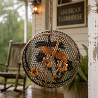 Mangeoire à oiseaux antique en métal brun avec ornement de branche florale, chaîne de suspension, cage à nourriture ouverte écologique, décoration de jardin extérieur