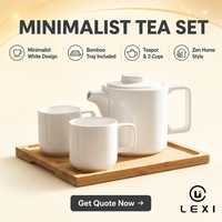 Service à thé minimaliste en céramique blanche, théière et 2 tasses, plateau en bambou, style zen, logo personnalisé, durable, pour la maison, l'hôtel, le bureau, vente en gros, cadeau