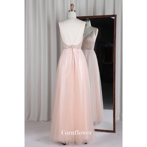 Robe de soirée moderne et élégante en tulle, jupe droite champagne, col en V profond, bretelles spaghetti, longueur au sol, perle, <span class=keywords><strong>gaine</strong></span> en pierre chaude - Product Image 3
