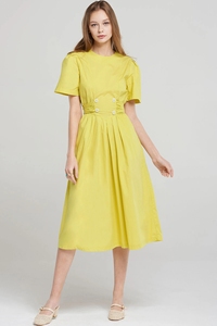 Abiti da carriera da ufficio Casual girocollo giallo plissettato manica corta con bottone indietro <span class=keywords><strong>in</strong></span> vita abiti estivi donna 2023 - Product Image 6
