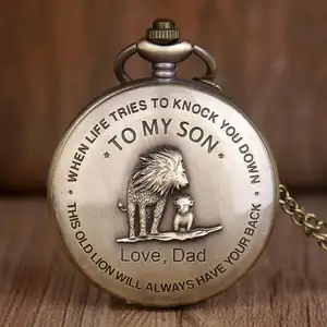 Yeni tasarım yaratıcı yazı oğlum aslan ayı aşk baba kuvars cep saati erkekler Fob zinciri oğlu ve baba için en iyi hediye