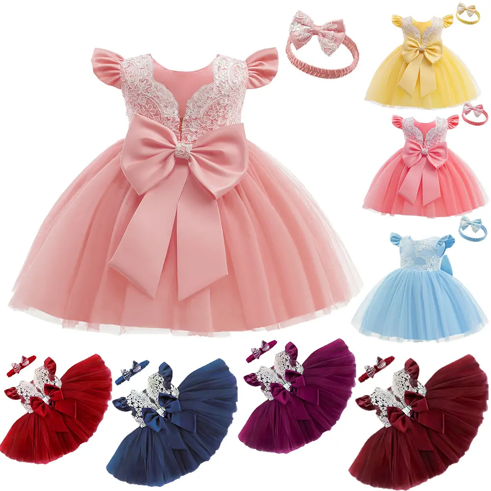 2022 big bow toddler girl clothes 1 year birthday frock party dresses infant girls' lace tulle dress with headband for kid