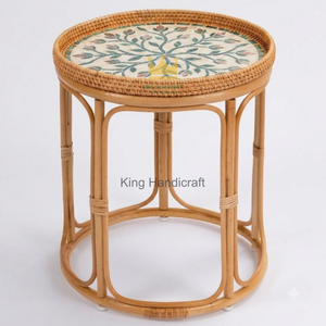 Handcrafted Natural Bamboo Rattan Side <b>Table</b> Mother of Pearl Inlay Minimalist <b>Round</b> <b>Bedside</b> Coffee Accent <b>Table</b> - Product Image 1