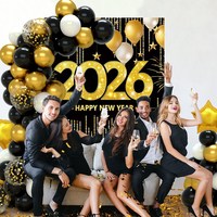 Kit de décoration de fête d'anniversaire et de Nouvel An 2026 : Bannière et ballons noirs et dorés en soie et plastique – Fournitures chinoises