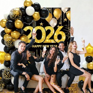 ชุดตกแต่งปาร์ตี้วันเกิดปีใหม่ 2026 แบนเนอร์ ลูกโป่ง สีดำทอง ผ้าไหมและพลาสติก ของตกแต่งจากจีน - Product Image 2