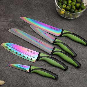 Ensemble de couteaux de cuisine 5 <span class=keywords><strong>ernesto</strong></span> en acier inoxydable revêtu de titane lames arc-en-ciel Chef Santoku pain Steak sculpture poignée verte - Product Image 2