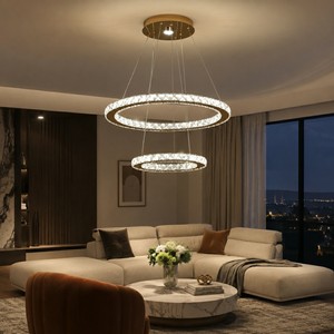 Lustre moderne de luxe en cristal K9 transparent, forme à 2 anneaux, lampe suspendue au plafond avec télécommande pour salon - Product Image 4