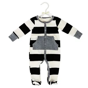 Kangaroo Pocket Design Newborn Striped Cotton Clothes Toddler Terry Footed Rompers Muff One Piece Jumpsuits Baby Boys Footie