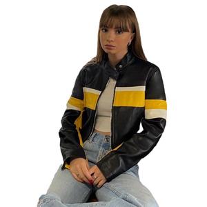 Herbst New Fashion Streetwear PU Leder Motorrad Color Blocking Patchwork Langarm Crop Bomber Jacke Frauen - Product Image 5