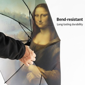 Wood Grain Pattern Hook Shaped Handle Straight <b>Umbrella</b> Mona Lisa's Smile Dye Sublimation Print Auto Open Button Business Gift - Product Image 1