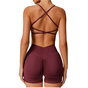 Ensemble soutien-gorge et short de sport sans couture pour femme, sexy, compressif, extensible, avec découpe en V et dos froncé, taille haute élastique, couleur unie, grandes tailles - Product Image 1