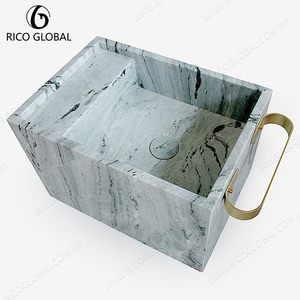 Lavabo Rectangular Independiente de Mármol con Diseño de Vetas Verdes Pulidas, Manijas de Latón, Lavabo de Baño de Estilo Contemporáneo - Product Image 5