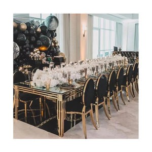 Juego de Mesa y Sillas de Comedor Rectangulares para Eventos y Banquetes, Patas Doradas, Acero Inoxidable, Vidrio Templado Blanco - Product Image 1