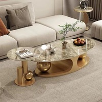 Ensemble de tables basses italiennes de luxe à double plateau, table d'appoint moderne en dalle de roche brillante, table centrale, salle à manger, hôtel, fabrication en métal et pierre
