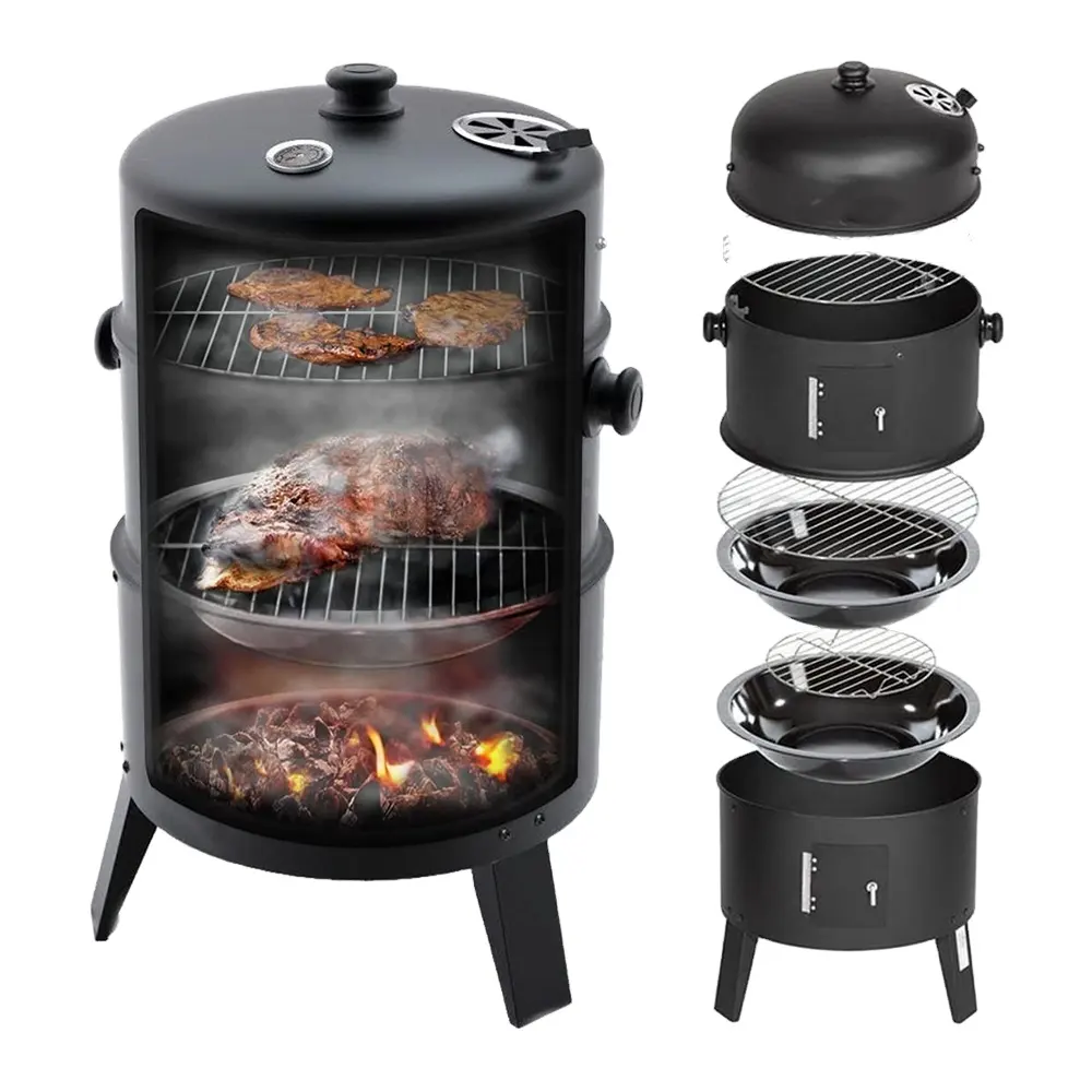 High Quality 3 in 1 Smokeless Charcoal Bbq Grill Smoker 3 Layers Tower Vertical Barrel Charcoal Barbecue Grill Smoker