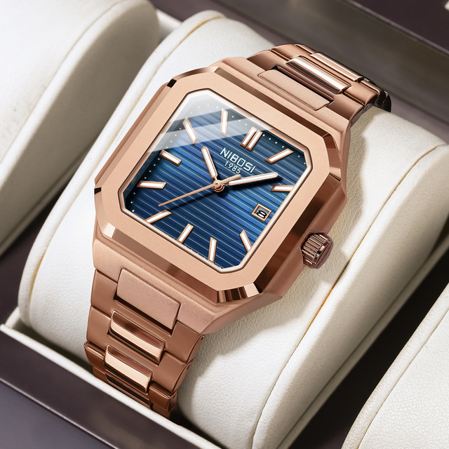 NIBOSI 2689 Custom Brand New Fashion Classic Rose Gold Luxury Wrist Watch Square Stainless Steel Quartz Watch for Men