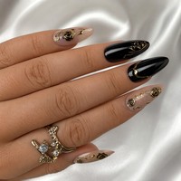 Faux ongles à presser personnalisés en or rose, forme amande, motif vigne 3D noir, gel brillant nude, style gothique de luxe, vente en gros OEM