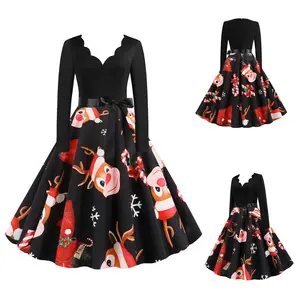 Plus Size Vrouwen Kerst Jurk Met Lange Mouwen Vintage Elegante O Hals Print Big Swing Party Xmas Nieuwe Jaar Winter Kleding gewaad