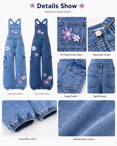 Nuovi Salopette in Denim Ricamate a Fiori per Bambine 2026, Vestibilità Ampia, Jeans Casual a Gamba Larga, Pantaloni con Bretelle, Moda Streetwear per Bambini - Product Image 4