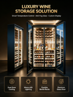 Cave à vin de luxe à double porte vitrée, température constante, compresseur, étagères en bois massif et acier, pour bar à domicile et présentation commerciale