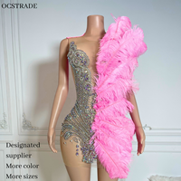 Robe rose vif à strass et plumes, design unique Ocstrade, robe de soirée scintillante pour femmes, robe de danse du ventre
