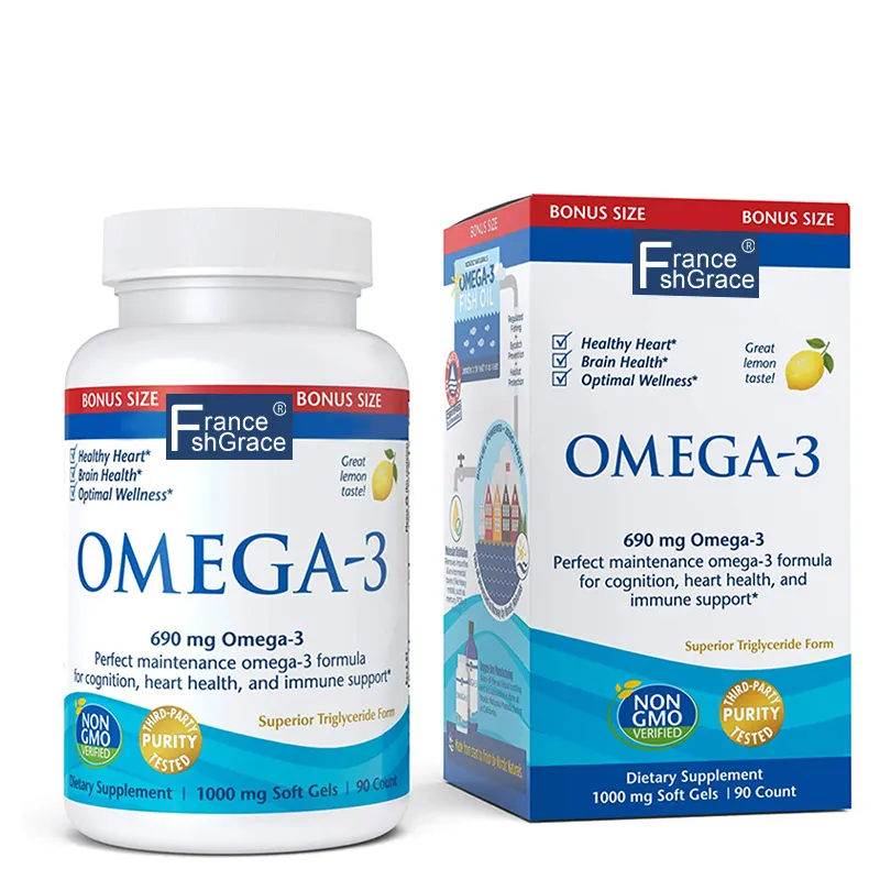 690 mg d'huile de poisson oméga-3 EPA et DHA, saveur citron 90 gels mous, sans OGM