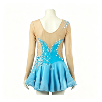 Robe de patinage artistique turquoise à manches longues avec côtés en maille et jupe ornée de strass pour filles et adultes, idéale pour la compétition et les spectacles