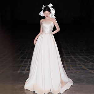 Strapless Satin Wedding Dress Natural Waist Floor Length For Brides Coming Of Age Ceremony White Simple Style - Product Image 1