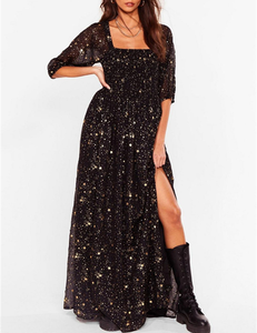 2023 Ladies Black <strong>Star</strong> Print Mesh Square Collar Puff Sleeves Smocked Long Slit Maxi <strong>Dress</strong> for Party - Product Image 6