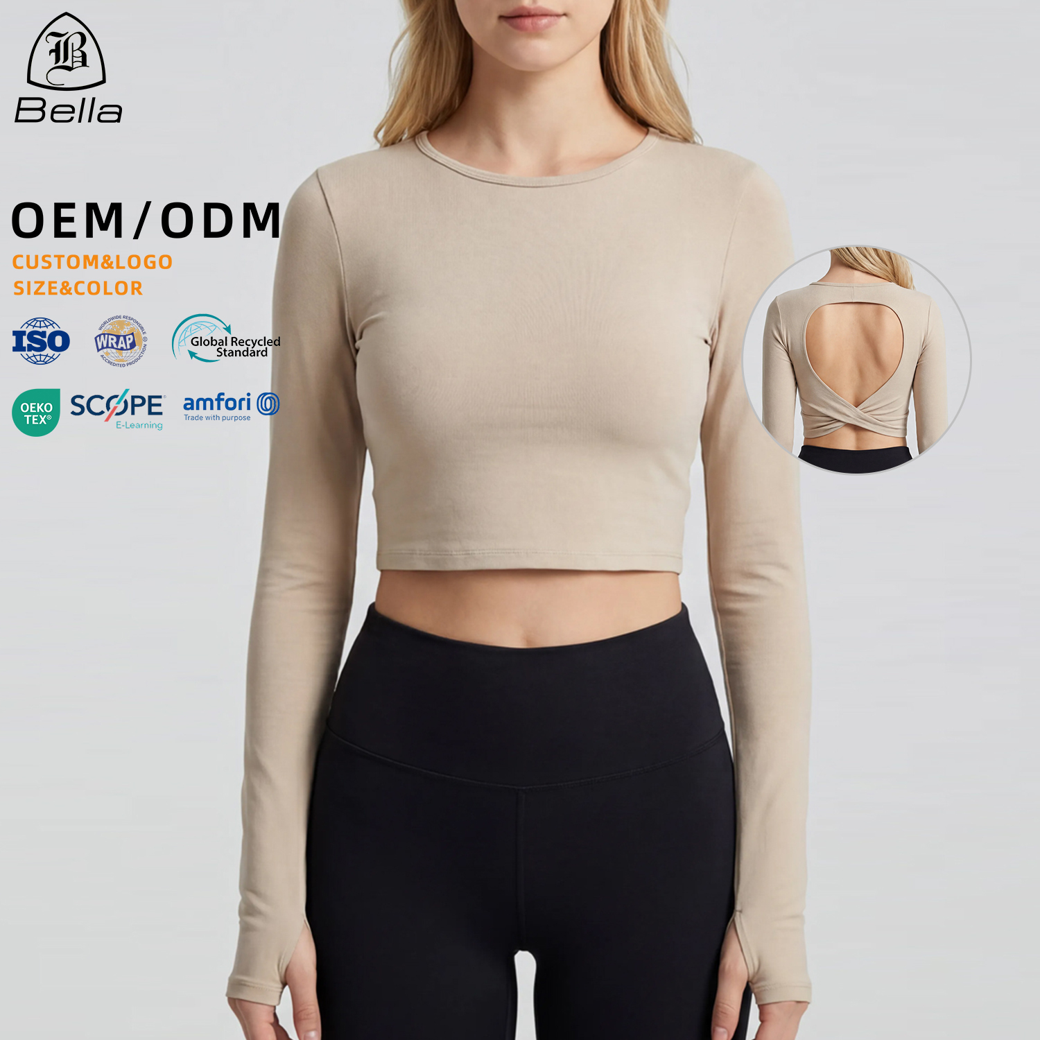 OEM/ODM Custom Long Sleeve Yoga Crop Top Women Cross Back Backless Workout Shirt with Thumbholes Gym Activewear Sportswear