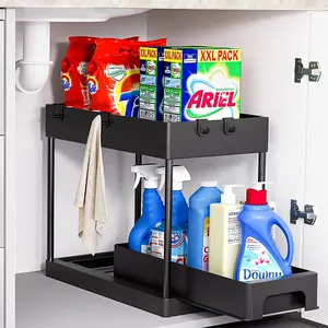 WIREKING2 Tier Pull Out Sliding Organization And Storage With 4 Hooks For Bathroom Cabinet Under Sink Organizer