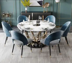圆形大理石和玻璃顶部不锈钢框架转盘大理石餐桌用于餐厅
