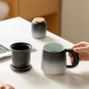 Tasse à <span class=keywords><strong>café</strong></span> en argile avec poignée en bois, tasse à <span class=keywords><strong>café</strong></span> vintage en céramique et grès avec infuseur à thé, <span class=keywords><strong>thermos</strong></span> rétro noir uni - Product Image 5