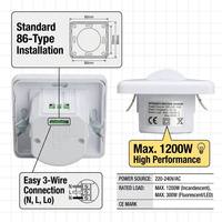 Détecteur de mouvement PIR encastré Sprlux, portée de détection 9m, 220-240V AC, intérieur/extérieur, infrarouge blanc, technologie 3 fils