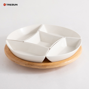 Plateau de service en céramique nordique de qualité supérieure pour buffet de restaurant, plats à tapas, vaisselle en porcelaine avec plateau en bambou - Product Image 3