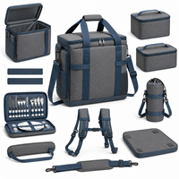 Grand sac isotherme portable en polyester gris pour pique-nique, avec boîtes à lunch, étui à couverts et porte-bouteille pour le camping en famille