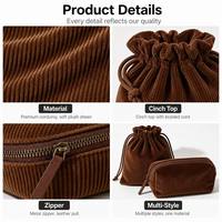 Sac à cordon en velours côtelé personnalisé et pochette cosmétique à fermeture éclair |   Ensemble de sacs fourre-tout 2 en 1 pour femmes, vente en gros OEM, MOQ 100