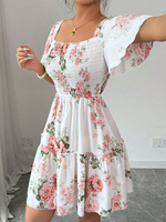 Vestido Midi para Mujer con Estampado Floral, Elegante, Transpirable, Lavable, Cintura Natural, Corte en A, Holgado, Cuello Cuadrado, Manga Corta, Informal