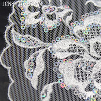 Tissu en dentelle à sequins argentés arc-en-ciel, 16 cm, broderie florale sur dentelle en maille, dentelle blanche en gros pour robe de mariée de luxe Abaya