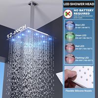 Système de douche thermostatique carré Honajo à 3 poignées avec bec de baignoire, pommeau de douche LED de 12 pouces, jet de douche complet de 6 pouces et ensemble de robinetterie de douche