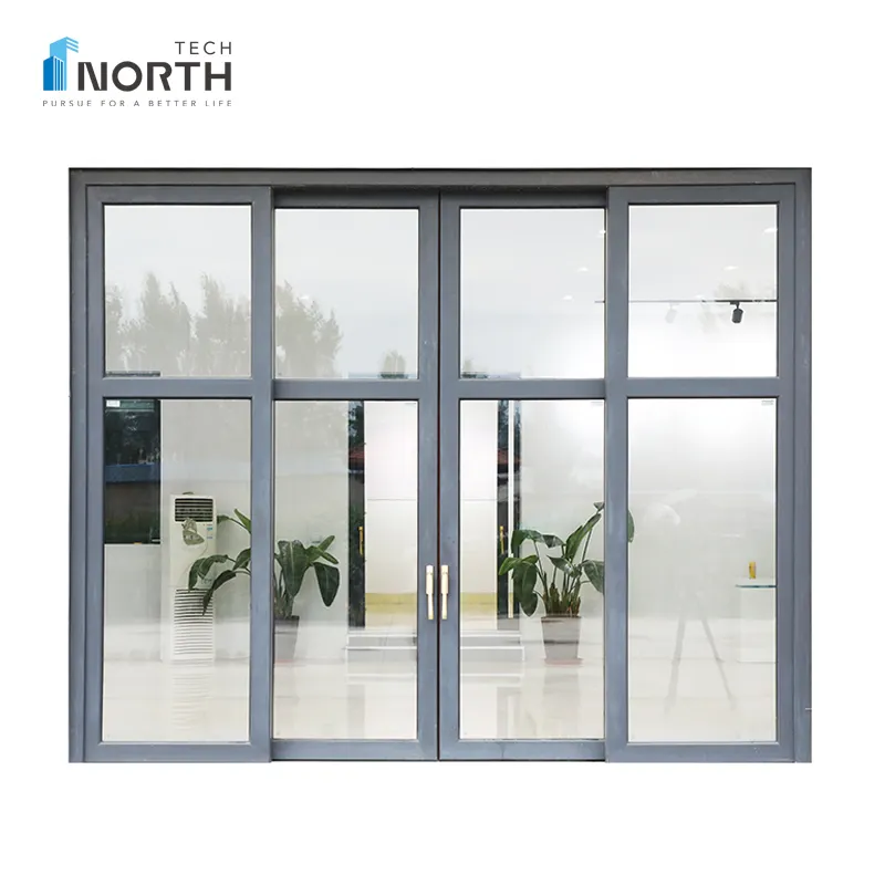 Porta de pátio deslizante espanha, porta de vidro deslizante moldura de madeira alumínio super amplo 4 painéis 1800x2100