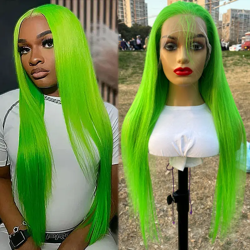 Необработанный необработанный индийский бесклеевой весенний светло-зеленый прямой парик из натуральных волос на фронтальной сетке для черных женщин