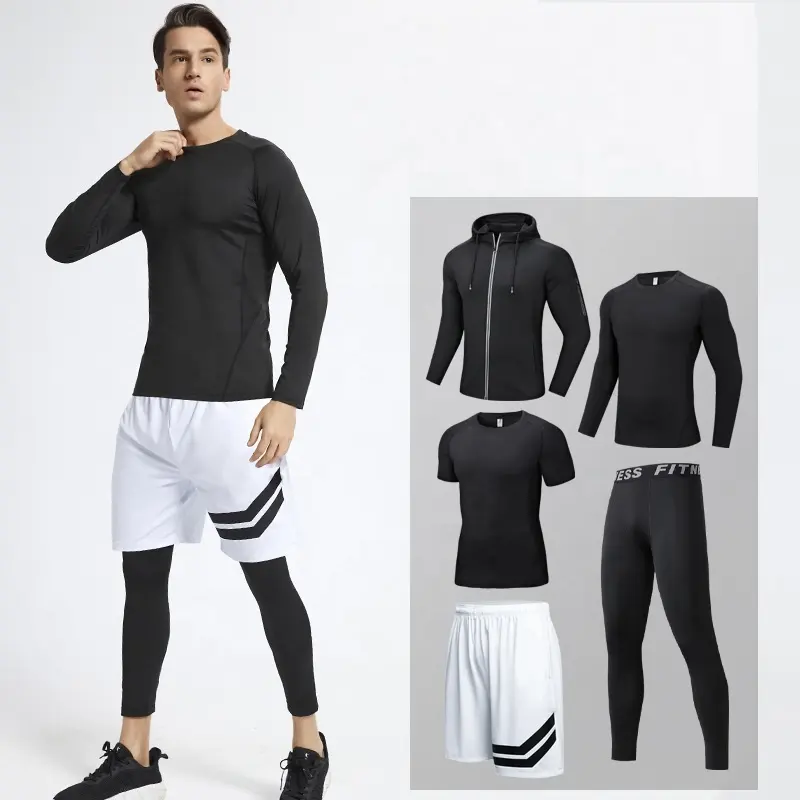 Antrenman kıyafeti özel Logo 90% Polyester 10% Spandex 5 parça Set spor baz katman spor salonu egzersiz kıyafeti erkekler için
